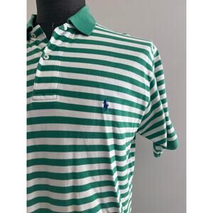 Polo Ralph Lauren 100% Pique Cotton Collared Shirt Green White Stripes Large SG